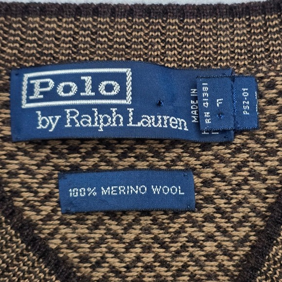 Polo Ralph Lauren Mens Brown Herringbone V-Neck 100% Merino Wool Sweater Size M - Picture 4 of 12